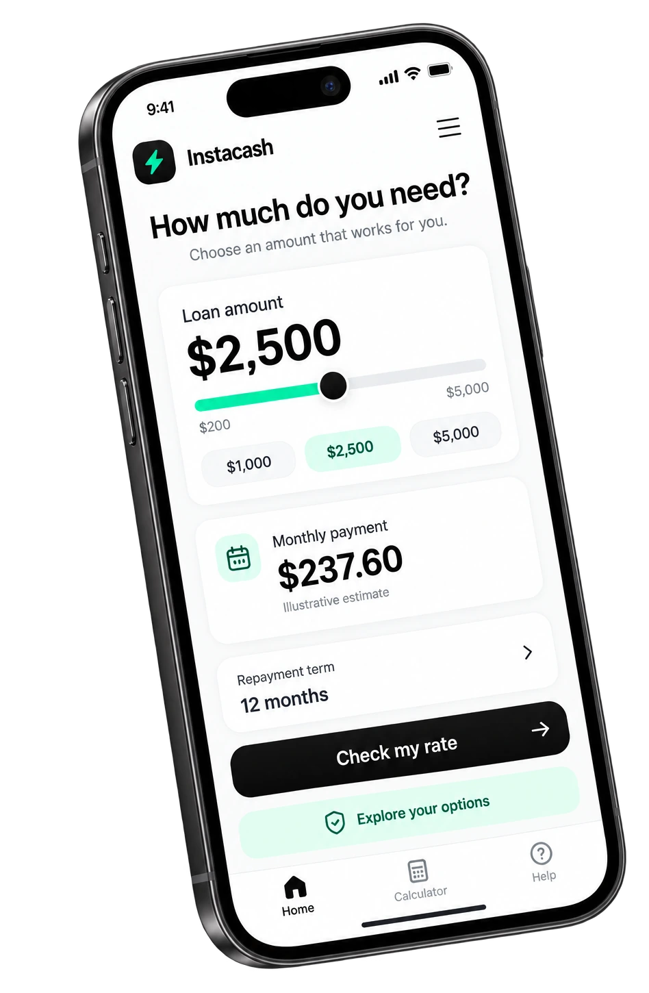 Instacash app screen showing a $2,500 loan amount, a $237.60 monthly payment, and a Check my rate button