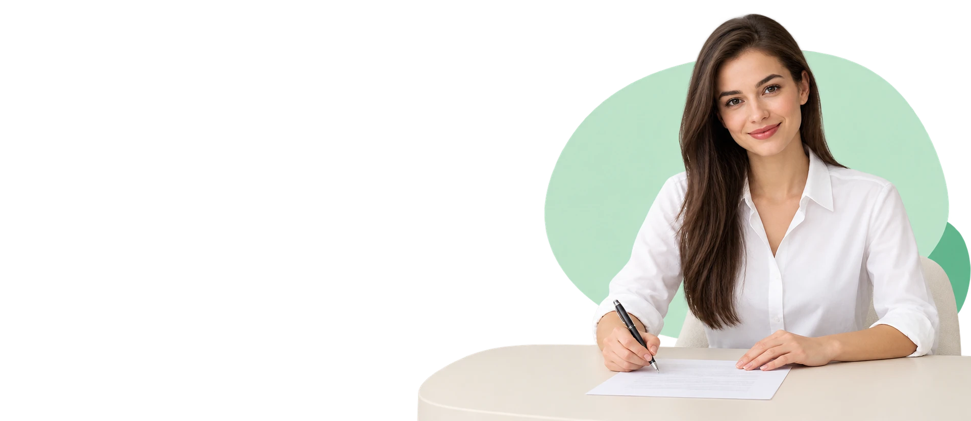 Smiling woman at a desk signing her loan agreement